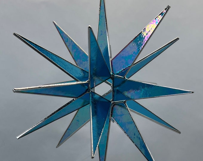 Moravian Star Hanging Stained Blue Luminescent Glass 18 Point 3D Christmas Ornament Gift Wedding Suncatcher Bethlehem