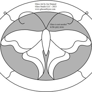 May include: Oval-shaped stained glass design featuring a butterfly with outstretched wings. The design includes gray, white, and black lines, with text that reads "Glass Art by Joe Stained" and "Glass Studio LLC - 2023". The website address is also included.