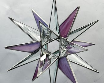Handmade Clear Bevel Glass Moravian Star with Pink – 18 Point Hanging Star – Silver Trim – 7.5” Holiday Decoration Bethlehem Celestial