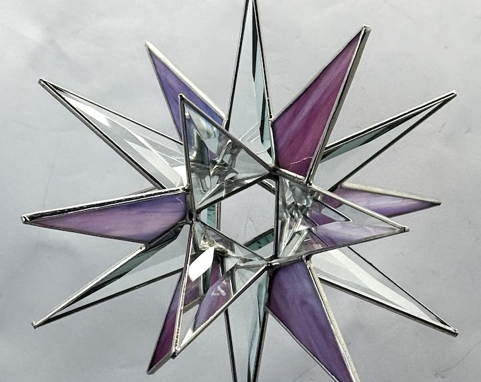 Handmade Clear Bevel Glass Moravian Star with Pink – 18 Point Hanging Star – Silver Trim – 7.5” Holiday Decoration Bethlehem Celestial