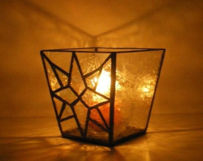 Stained Glass Candle Holder, Square, Glue Chip Glass, Frosted, Candle Shelter, Clear Glass, Gift, Wedding, Moravian Star, Texture Glass