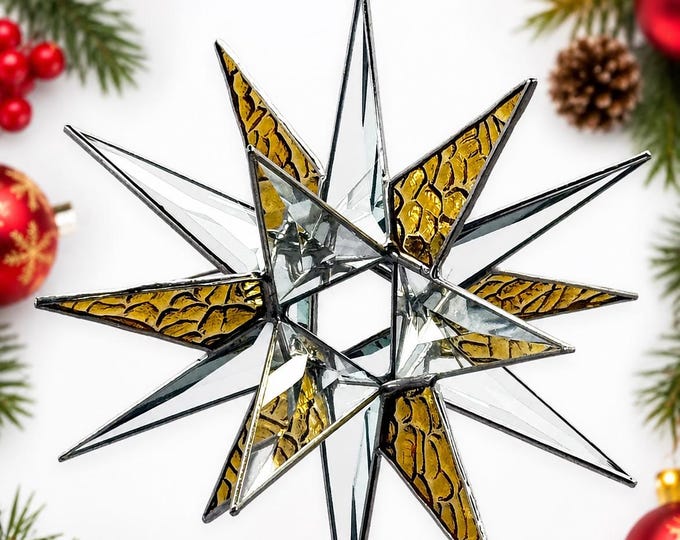 Handmade Clear Bevel Glass Moravian Star with Gold – 18 Point Hanging Star – Silver Trim – 7.5” Holiday Decoration Bethlehem Celestial