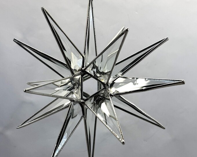 Handmade Clear Bevel Glass Moravian Star – 18 Point Hanging Star – Silver, Black or Copper Trim – 7.5” Holiday Decoration Bethlehem