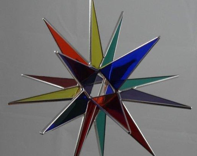 Tree Topper - 3D Stained Glass Moravian Star, Christmas Star Ornament, Multi Color Glass, 18 Point, Stars, Gift