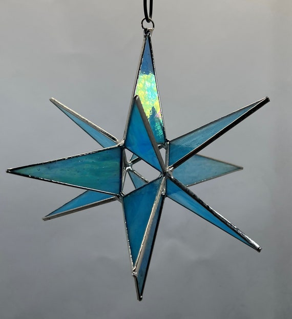 Moravian Star Hanging 12 Point Blue Iridescent Glass Christmas