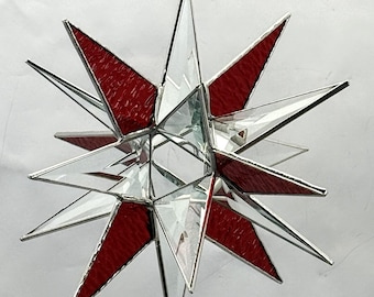 Handmade Clear Bevel Glass Moravian Star with Red – 18 Point Hanging Star – Silver Trim – 7.5” Holiday Decoration Bethlehem Celestial