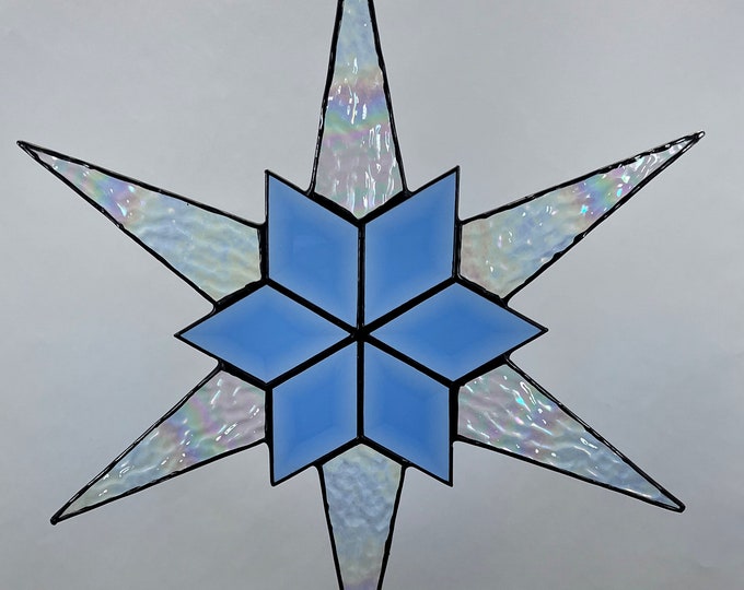 12 Point Flat Stained Glass Star, Christmas, Ornament, Clear Iridescent Textured Glass, Snowflake, Ornament, Stars, Gift, Wedding, Bevel