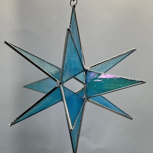 Moravian Star Hanging 12 Point Blue Glass Iridescent Christmas Ornament Gift Wedding Suncatcher Bethlehem Bethlehem