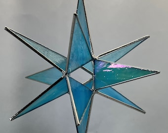 Moravian Star Hanging 12 Point Blue Glass Iridescent Christmas Ornament Gift Wedding Suncatcher Bethlehem Bethlehem