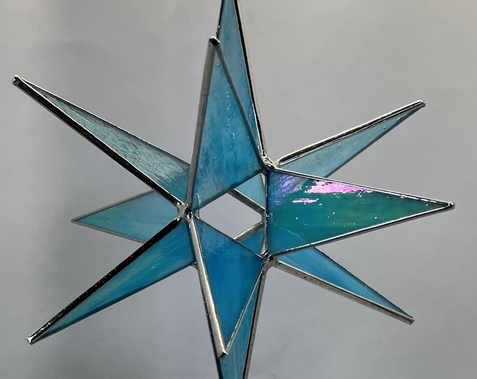 Moravian Star Hanging 12 Point Blue Glass Iridescent Christmas Ornament Gift Wedding Suncatcher Bethlehem Bethlehem