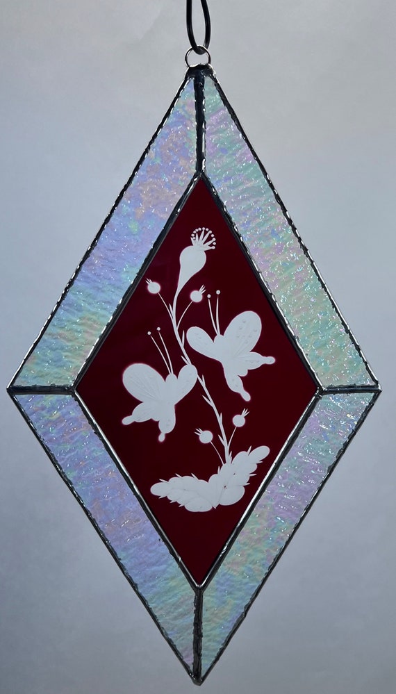 Diamond Suncatcher, Butterflies, Diamond Shape, Iridescent Textured Glass, Gift, Wedding, Ornament, Hanging, Butterfly, Decor, Red