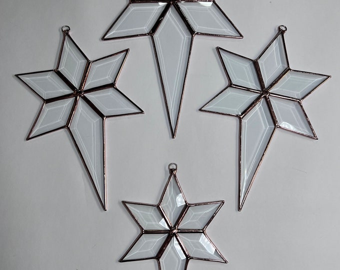 Stained Glass Stars Hanging 6 Point Flat Clear Bevel Star Suncatcher Gift Wedding Ornament Christmas Holiday Bethlehem Copper