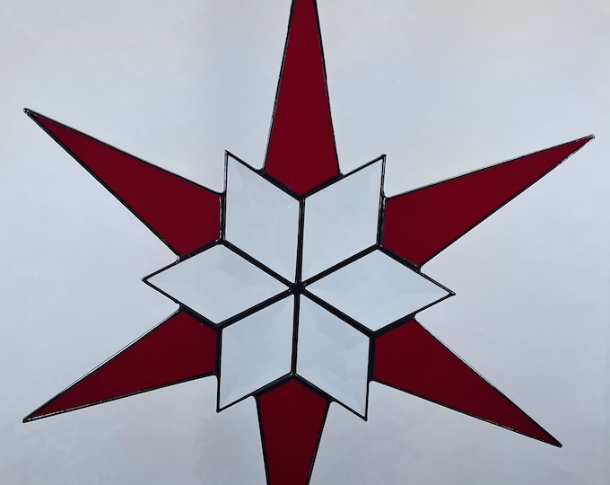 12 Point Flat Stained Glass Star, Christmas, Ornament, Red, Snowflake, Ornament, Stars, Gift, Wedding, Bevel, Hanging, Gift