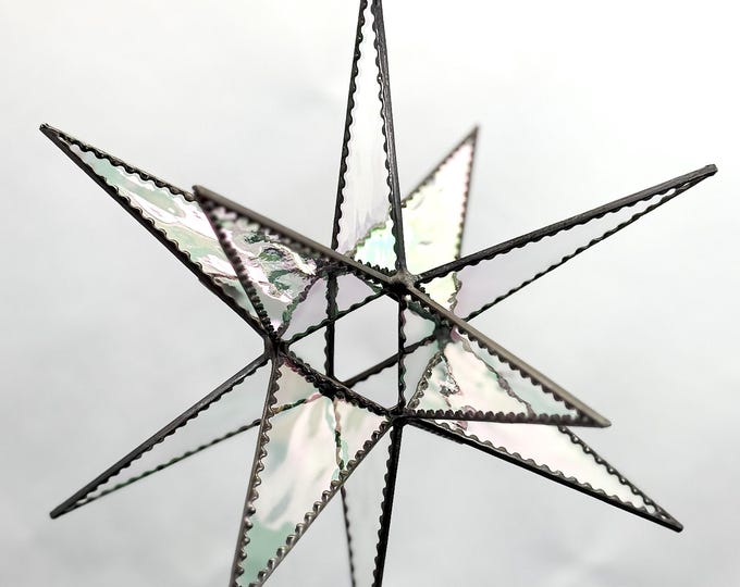 Moravian Star Hanging 12 Point Clear Iridescent Glass Christmas Ornament Star Gift Wedding Suncatcher Bethlehem Advent Black Scalloped Trim