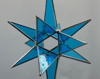 Moravian Star Hanging 12 Point Blue Iridescent Glass Christmas