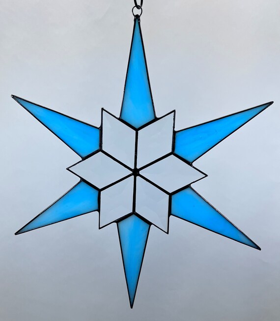 12 Point Flat Stained Glass Star, Christmas, Ornament, Blue, Snowflake, Ornament, Stars, Gift, Wedding, Bevel, Hanging