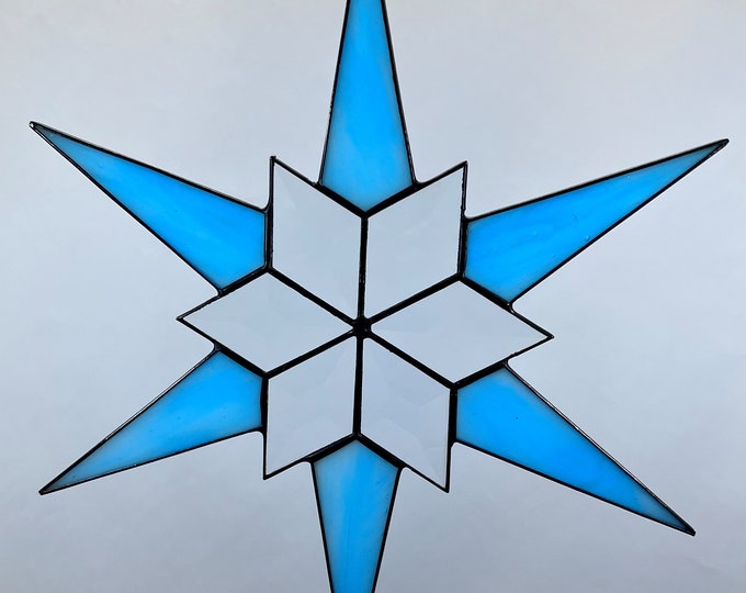 12 Point Flat Stained Glass Star, Christmas, Ornament, Blue, Snowflake, Ornament, Stars, Gift, Wedding, Bevel, Hanging