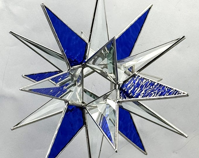 Handmade Clear Bevel Glass Moravian Star with Blue – 18 Point Hanging Star – Silver Trim – 7.5” Holiday Decoration Bethlehem Celestial