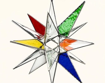 Handmade Clear Bevel Glass Moravian Star Multi-Color – 18 Point Hanging Star – Silver Trim – 7.5” Holiday Decoration Bethlehem Celestial