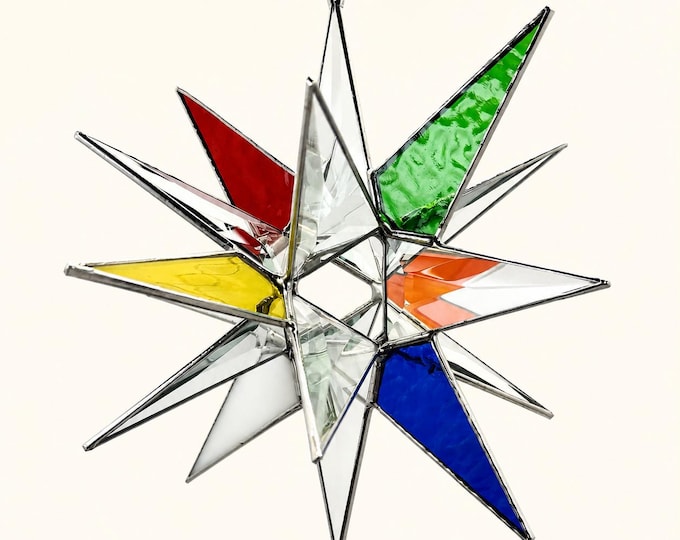 Handmade Clear Bevel Glass Moravian Star Multi-Color – 18 Point Hanging Star – Silver Trim – 7.5” Holiday Decoration Bethlehem Celestial