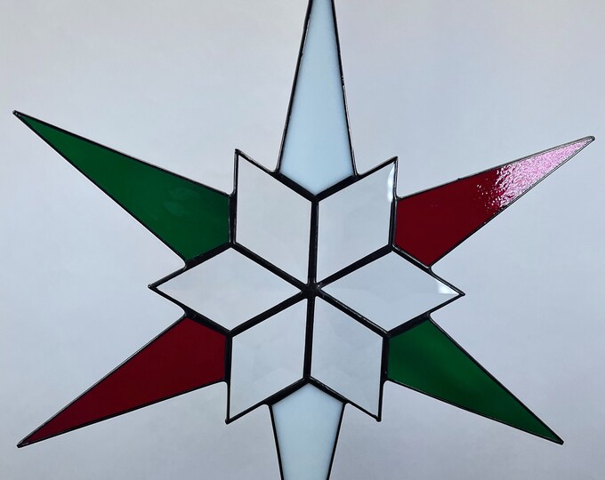 12 Point Flat Stained Glass Star, Christmas, Ornament, Red, White & Green Glass, Snowflake, Ornament, Stars, Gift, Wedding, Bevel, Italian