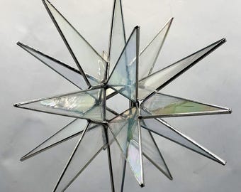 18 Point White Whispy Stained Glass Hanging Moravian Star Silver Finish Christmas Bethlehem Gift Advent North Star