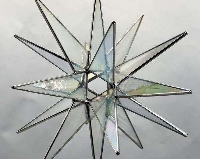 18 Point White Whispy Stained Glass Hanging Moravian Star Silver Finish Christmas Bethlehem Gift Advent North Star