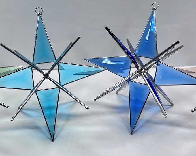 Hanging 3D Stained Glass Star, Christmas, Ornament, Blue, Turquoise, Green, Peach, Bevel Glass, 12 Point, Star, Gift, Wedding