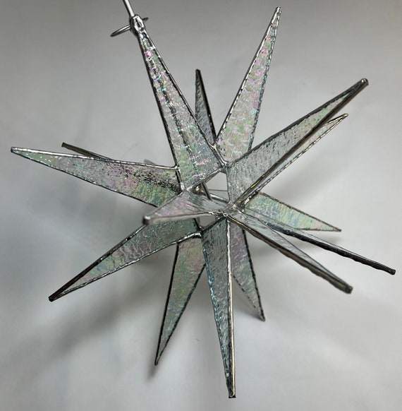 Moravian Star Tree Topper 3D Clear Iridescent Textured Glass, Christmas Tree 18 Point Star Gift Ornament Gift Advent