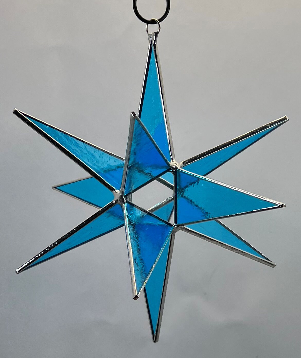 Moravian Star Hanging 12 Point Blue Iridescent Glass Christmas