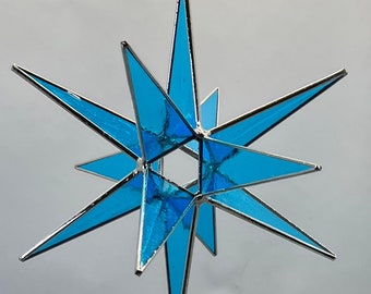 Moravian Star Hanging Stained Glass Christmas Ornament 12 Point Blue Gift Wedding Suncatcher Bethlehem Advent