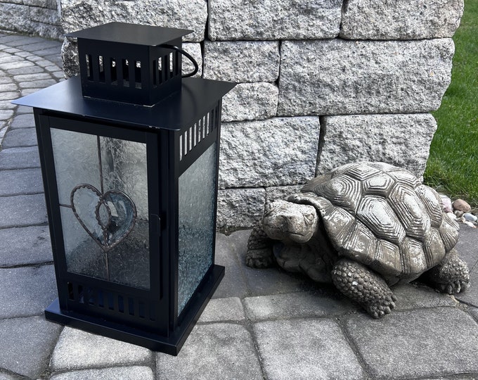 Stained Glass Lantern Featuring a Bevel Glue Chip Glass Heart