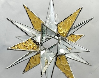 Handmade Clear Bevel Glass Moravian Star with Gold – 18 Point Hanging Star – Silver Trim – 7.5” Holiday Decoration Bethlehem Celestial