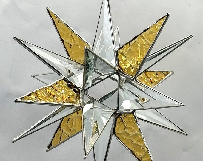 Handmade Clear Bevel Glass Moravian Star with Gold – 18 Point Hanging Star – Silver Trim – 7.5” Holiday Decoration Bethlehem Celestial