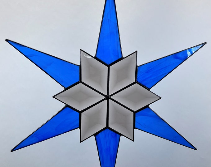 12 Point Flat Stained Glass Star, Christmas, Ornament, Cobalt, Blue, Snowflake, Ornament, Stars, Gift, Wedding, Bevel, Brown