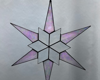12 Point Flat Stained Glass Star, Christmas, Ornament, Pink Iridescent Glass, Snowflake, Ornament, Stars, Gift, Wedding, Bevel