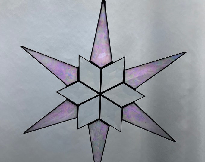 12 Point Flat Stained Glass Star, Christmas, Ornament, Pink, Snowflake, Ornament, Stars, Gift, Wedding, Bevel, Hanging