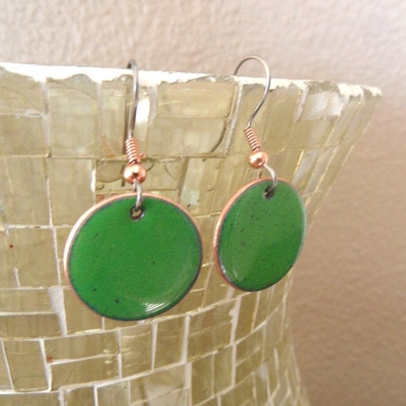 Lightweight Green and White Enamel Earrings Green and White Earrings Dangle Earrings Springtime Earrings Copper Jewelry Copper Enamel