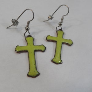 Cross earrings, enameled earrings, green earrings, women&#39;s earrings, green jewelry, stocking stuffer, copper earrings, enamel cross