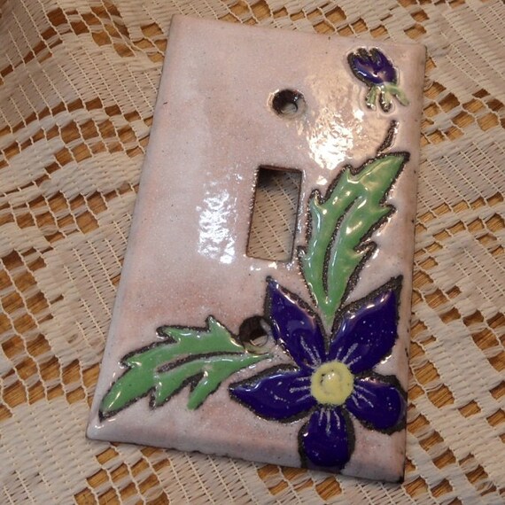 Flower Switchplate Copper Enamel light switch cover plate blue flower with white background single toggle enameled