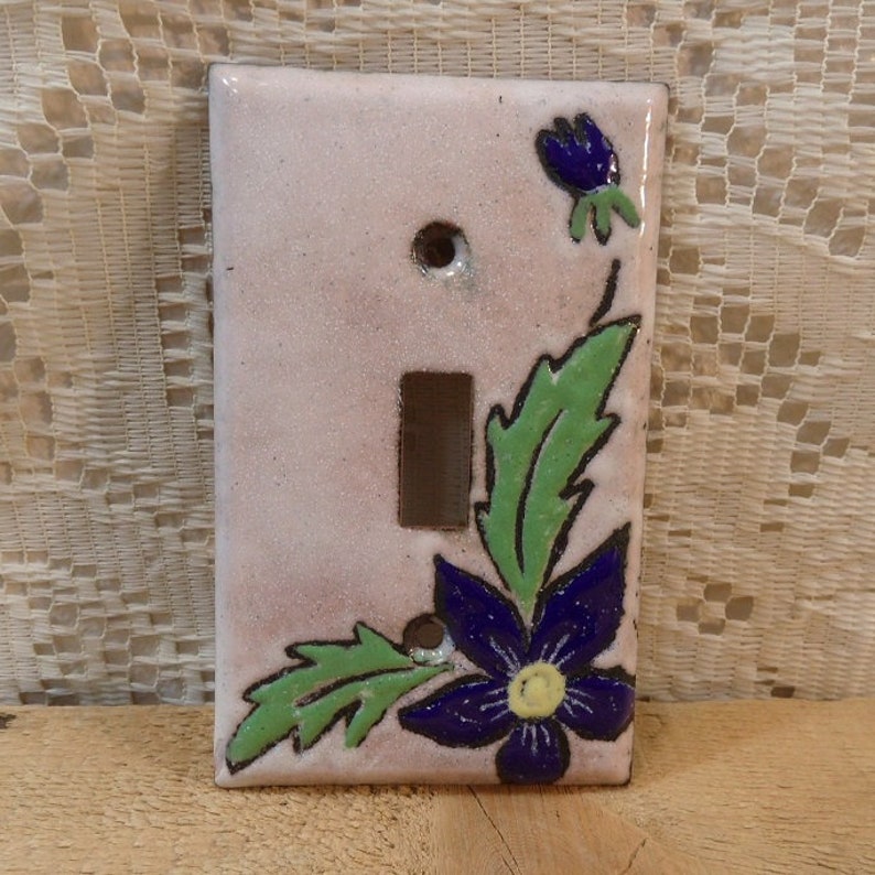 Flower Switchplate Copper Enamel light switch cover plate blue flower with white background single toggle enameled