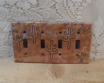 Cactus switchplate, Enameled switch plate, Cactus decor, Brown decor, Quadruple toggle, 4 gang toggle, Cactus desert scene