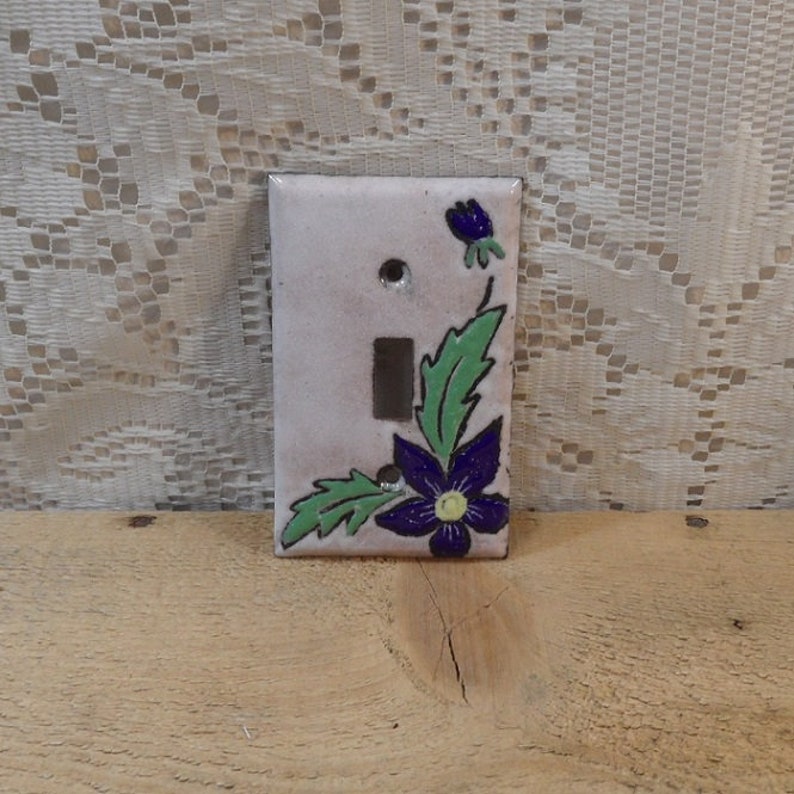 Flower Switchplate Copper Enamel light switch cover plate blue flower with white background single toggle enameled