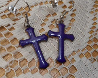 Cross earrings, enameled earrings, blue earrings, women's earrings, blue jewelry, stocking stuffer, copper earrings, enamel cross