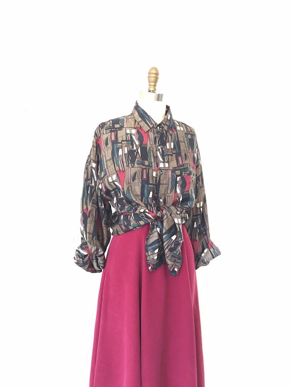 Abstract print shirt, Sz M, Oversized silk shirt,