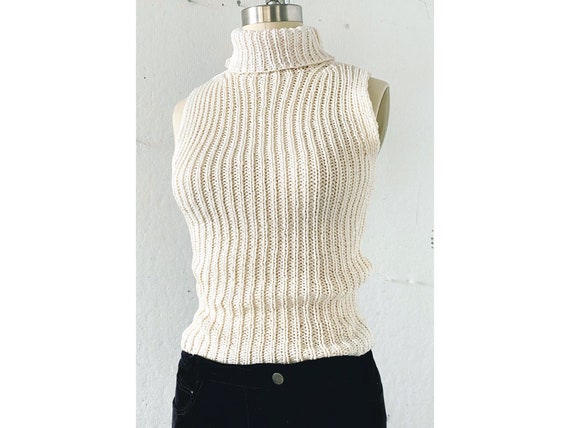 White rib knit turtleneck, Sleeveless Knit top, Ri