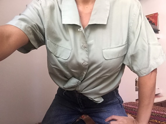 Solid Green Silk Blouse, pistachio green shirt, S