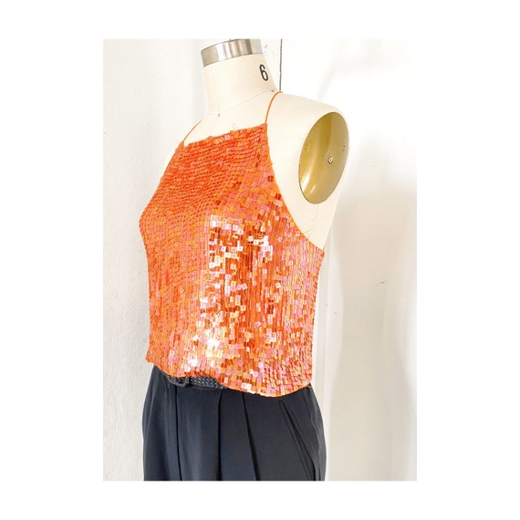 Orange Sequin Halter Top, Vtg DKNY Silk, Halter To