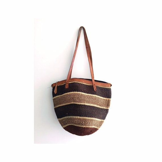 Straw tote bag, straw and leather bag, bucket bag,