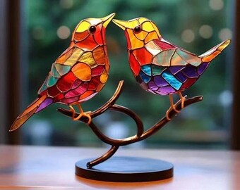 Gekleurd acryl vogels Suncatcher kristal op tak desktop ornamenten dubbelzijdig veelkleurige stijl vogels ambachtelijke standbeeld genezing venster Boho